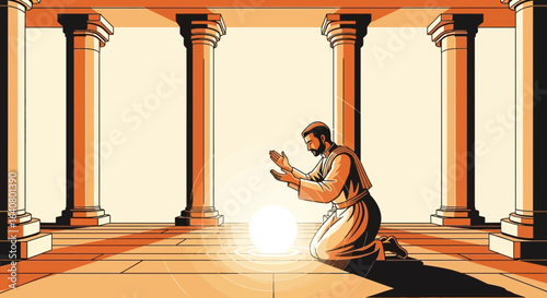 Man Kneeling Before a Glowing Orb in Ancient Temple Ruins Digital Art