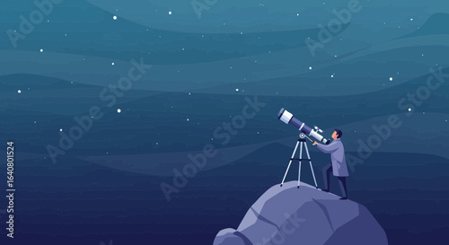 Man Looking Through Telescope At Night Sky Full Of Stars On Hill
