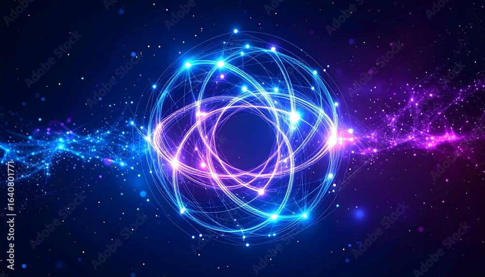 Obraz premium Abstract visualization of quantum entanglement, glowing interconnected nodes