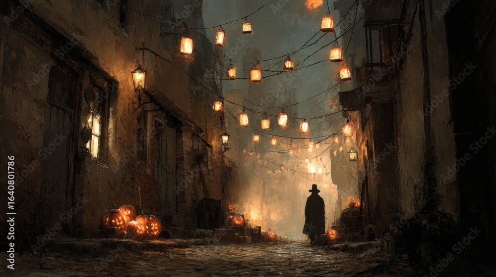 Obraz premium Mysterious Person Walking on a Dark and Foggy Night Street with Lanterns