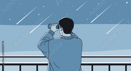 Man On Balcony Observes Meteor Shower Using Binoculars At Nightime