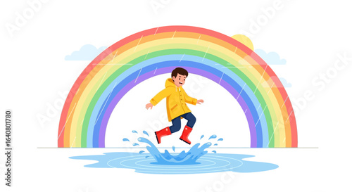 Joyful boy playing in puddle with vibrant rainbow and sun backdrop illustration