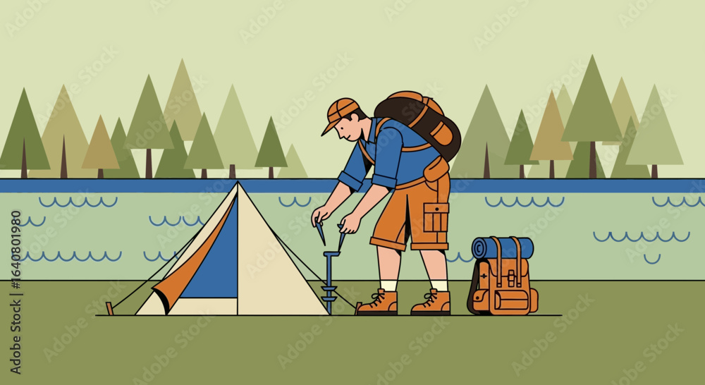 Fototapeta premium Man Pitches Tent on Lakeside Campsite Enjoying Outdoor Adventure Activity