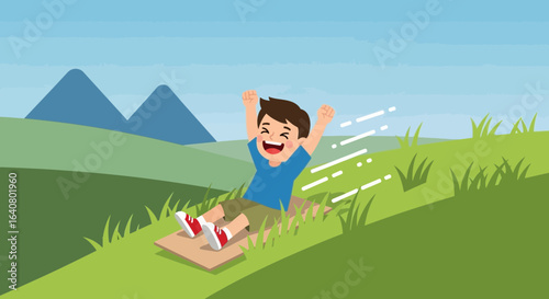 Joyful Boy Sliding Down a Grassy Hill On a Sunny Day Adventure