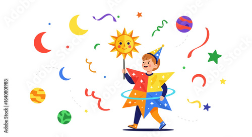 Joyful carnival celebration featuring a child in a star costume with cosmic elements