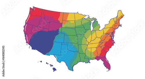 Colorful United States map with state boundaries and rainbow gradient overlay, US map infographic for data visualization, education, marketing, travel and climate analysis and regional planning