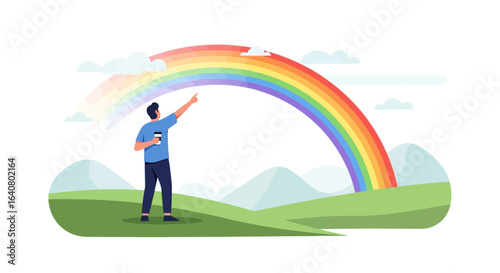 Man Points Toward Rainbow Experiencing Nature With Beverage In Hand