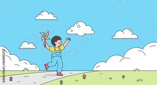 Joyful child runs through a vibrant landscape with a pinwheel on a sunny day of pure happiness