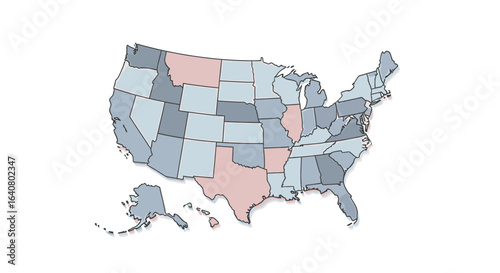 Detailed Illustrated Map of the United States Featuring State Boundaries, Color Coded Regions for Easy Identification and Analysis, Ideal for Education, Marketing, and Geographic Research