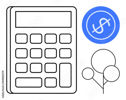 Calculator with numeric buttons, dollar sign in blue circle, stylized tree. Ideal for finance, budgeting, accounting, taxation, savings sustainability business growth. Simple flat metaphor