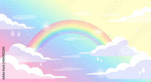 Pastel Rainbow Over Dreamy Sky Background with Soft Clouds Illustration