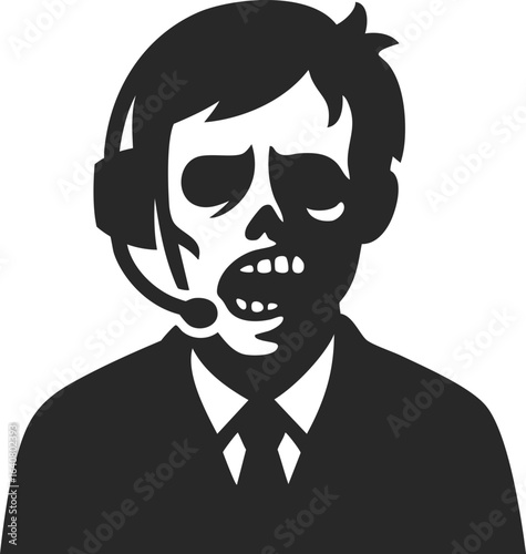Zombie call center agent with headset for halloween horror theme and spooky night celebration.