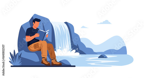 Man reading a book while sitting on a rock near a waterfall in a scenic landscape illustration