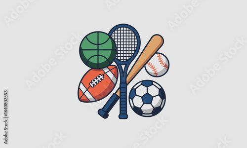 Dynamic Collection of Multi-Style Sports Equipment Including Football, Basketball, Tennis Racket, Baseball Bat, and Soccer Ball for Dynamic Athletic Designs, Marketing, and Branding