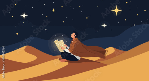 Man Reading Book Under Starry Sky In Desert Night Scene Illustration