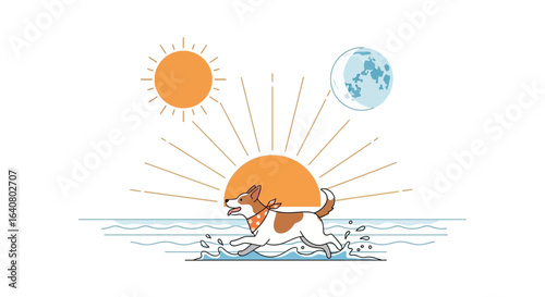Joyful Dog Dashing Through Ocean Waters At Sunset Or Sunrise Fun Activity