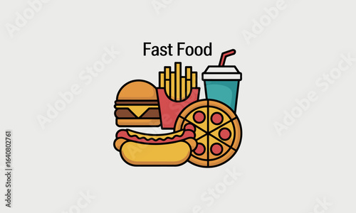 Fast food meal illustration featuring cheeseburger, hot dog, pepperoni pizza, french fries and soft drink vector icon for restaurant menu, delivery app, packaging, social media and advertising