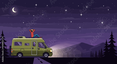 Man Relaxing On Top Of His Camper Van Enjoying The Starry Night Sky