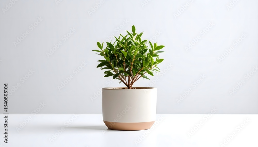 Fototapeta premium A small green myrtle houseplant in a modern ceramic pot sits on a white table against a neutral background, embodying minimalist home decor.