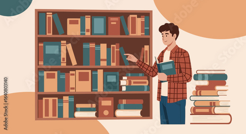 Man Selecting Book From Library Shelf Exploring Literary World And Knowledge