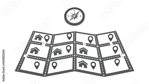 Folded map with location pins and houses under a compass for navigation and exploration use case