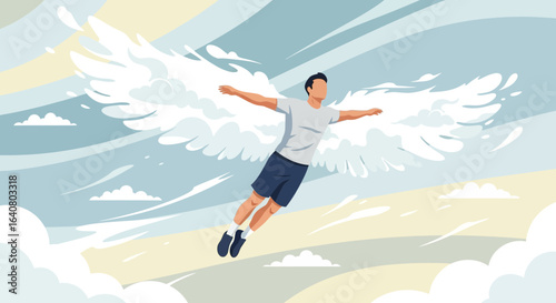 Man soaring through the sky with wings made of clouds, symbolizing freedom and dreams concept
