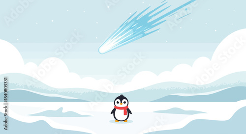 Penguin Watching a Comet Passing Through the Winter Landscape Cartoonish Style