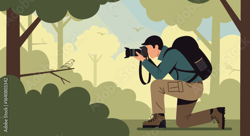 Man Taking Picture In Natural Landscape Capturing Moments Of Wildlife And Nature