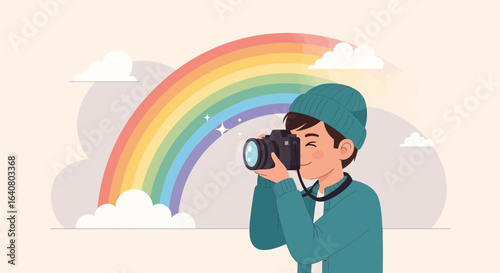 Man Taking Pictures Of Rainbow Using Camera Wearing Warm Clothes Photography
