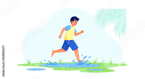 Joyful Kid Running Through Puddles After Rain Fun Outdoor Activity