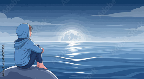 Pensive Figure Contemplating Lunar Glow Peaceful Ocean Scenery Cartoon
