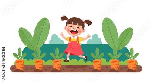 Joyful little girl running happily through a colorful carrot garden illustration