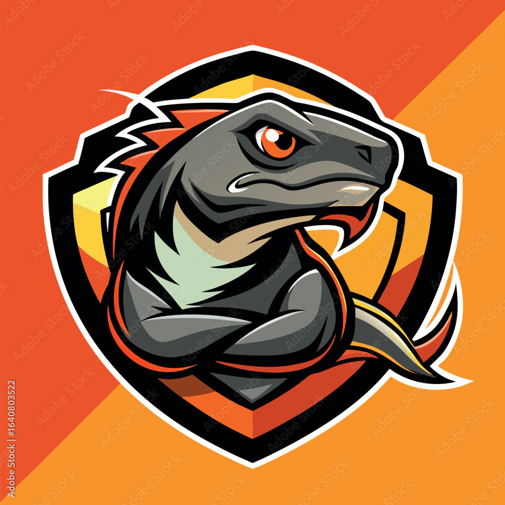 Obraz premium Fierce lizard mascot displayed in vibrant colors with dynamic design elements and shield backdrop for branding purposes