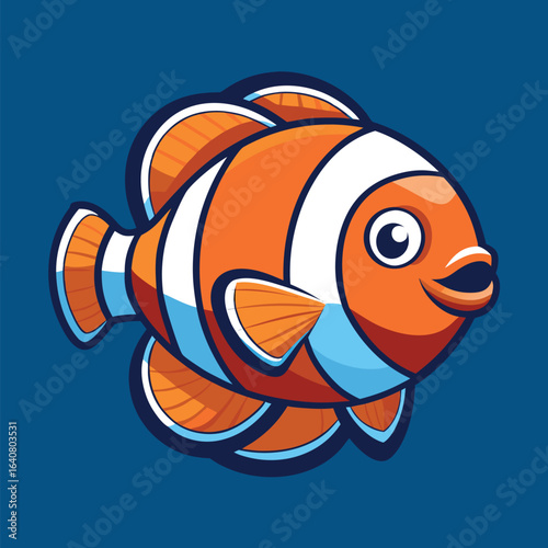 Colorful clownfish illustration swimming in a deep blue ocean background with bright details and playful expression