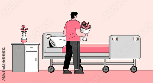 Man visiting patient in hospital with flowers offers comforting support and care