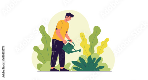 Man waters plants with watering can in garden vector illustration gardening concept for environment care and home decoration hobby