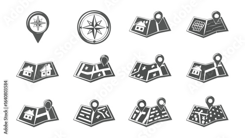 Collection of map icons with location pins and compasses in gray scale for navigation purposes use