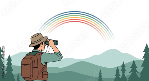 Man with binoculars watching a rainbow over mountain landscape outdoors during sunny day nature concept