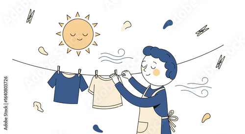 Person Hanging Laundry Under Smiling Sun for Clean Living Illustration