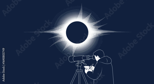 Person Observing Total Solar Eclipse With Telescope And Taking Notes Illustration