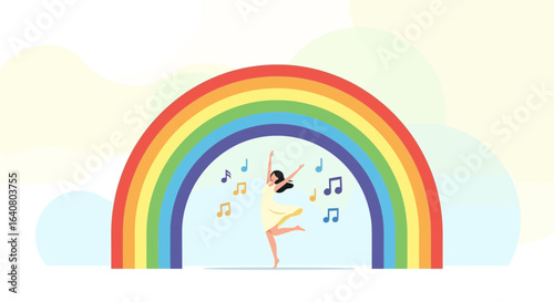 Joyful Woman Dancing Under a Rainbow with Musical Notes Illustration