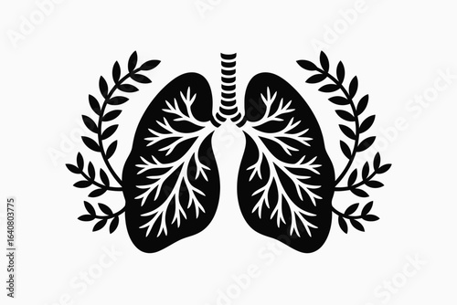 Black and white graphic of lungs with branching veins surrounded by leafy branches on a white background