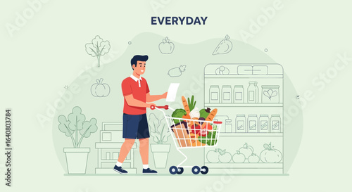 Man With Shopping Cart in Supermarket Aisle Choosing Healthy Foods