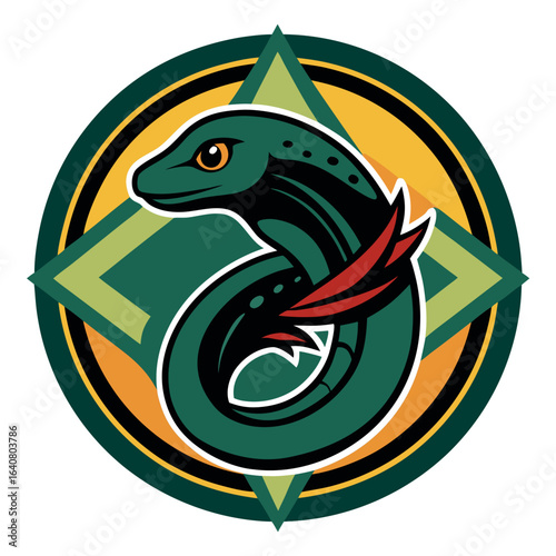 Unique green serpent emblem featuring a distinctive design with sharp lines and contrasting colors