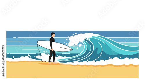 Man With Surfboard Standing On Beach Near Ocean Wave Illustration