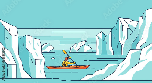 Kayaking adventure amidst icy landscapes vector illustration suitable for polar regions adventure trips