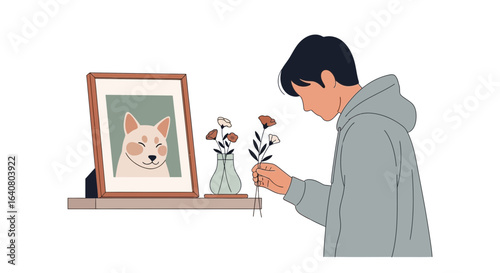 Man's Reflection on Pet Remembrance With Flowers and Portrait Illustration