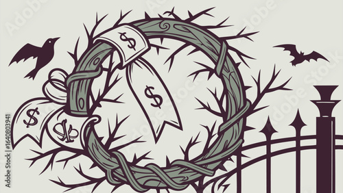 A thorny crown adorned with dollar signs and ribbons symbolizing the painful pursuit of wealth with a bird and bat observing the scene near a cemetery gate