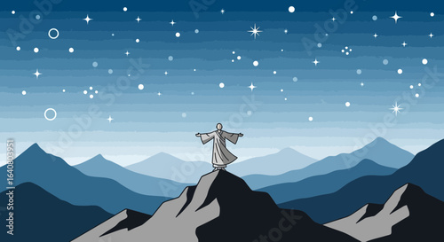 Person Standing On Peak Mountain With Arms Open Against Stars Sky Vector