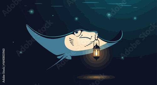 Manta Ray Exploring Night with a Magical Lantern Vector Illustration